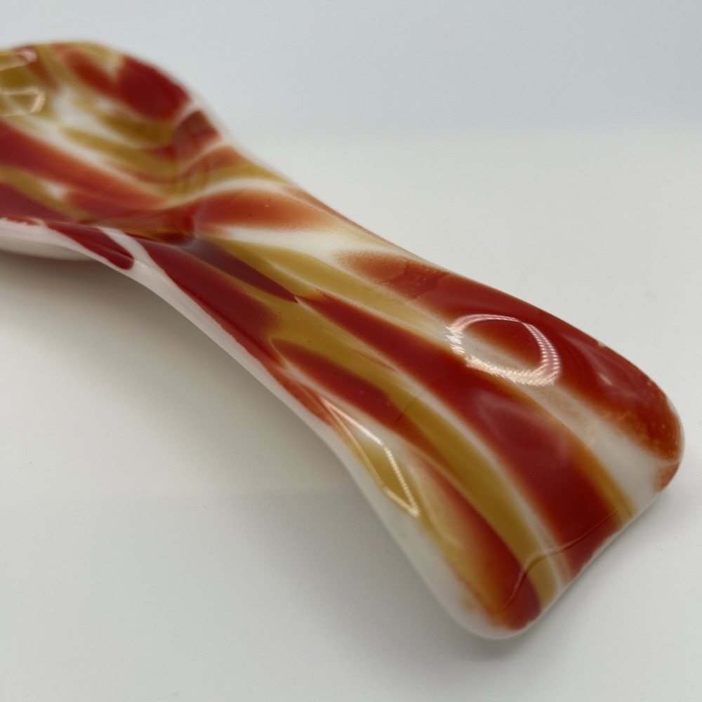 Unique Vtg Milk Glass Base Swirl Art Glass Utensil/Spoon Rest Reds Golds Design